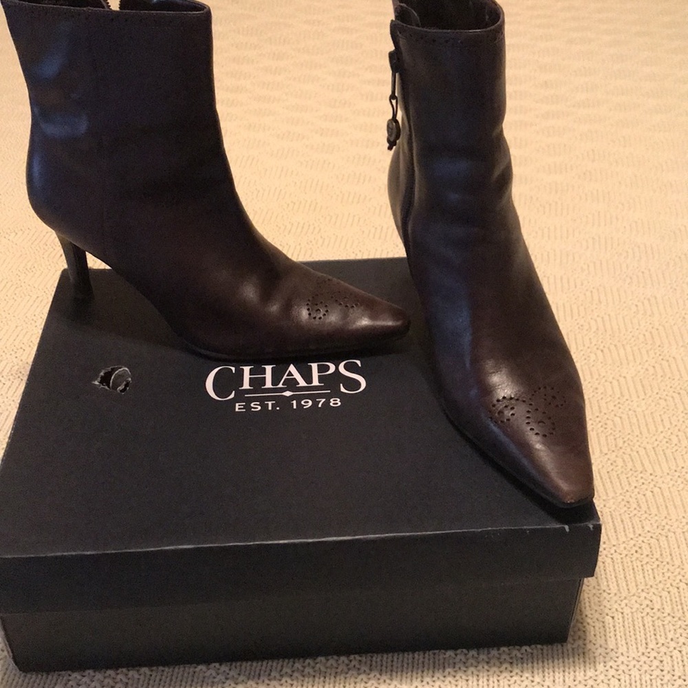 CHAPS. Brown mid calf boots.